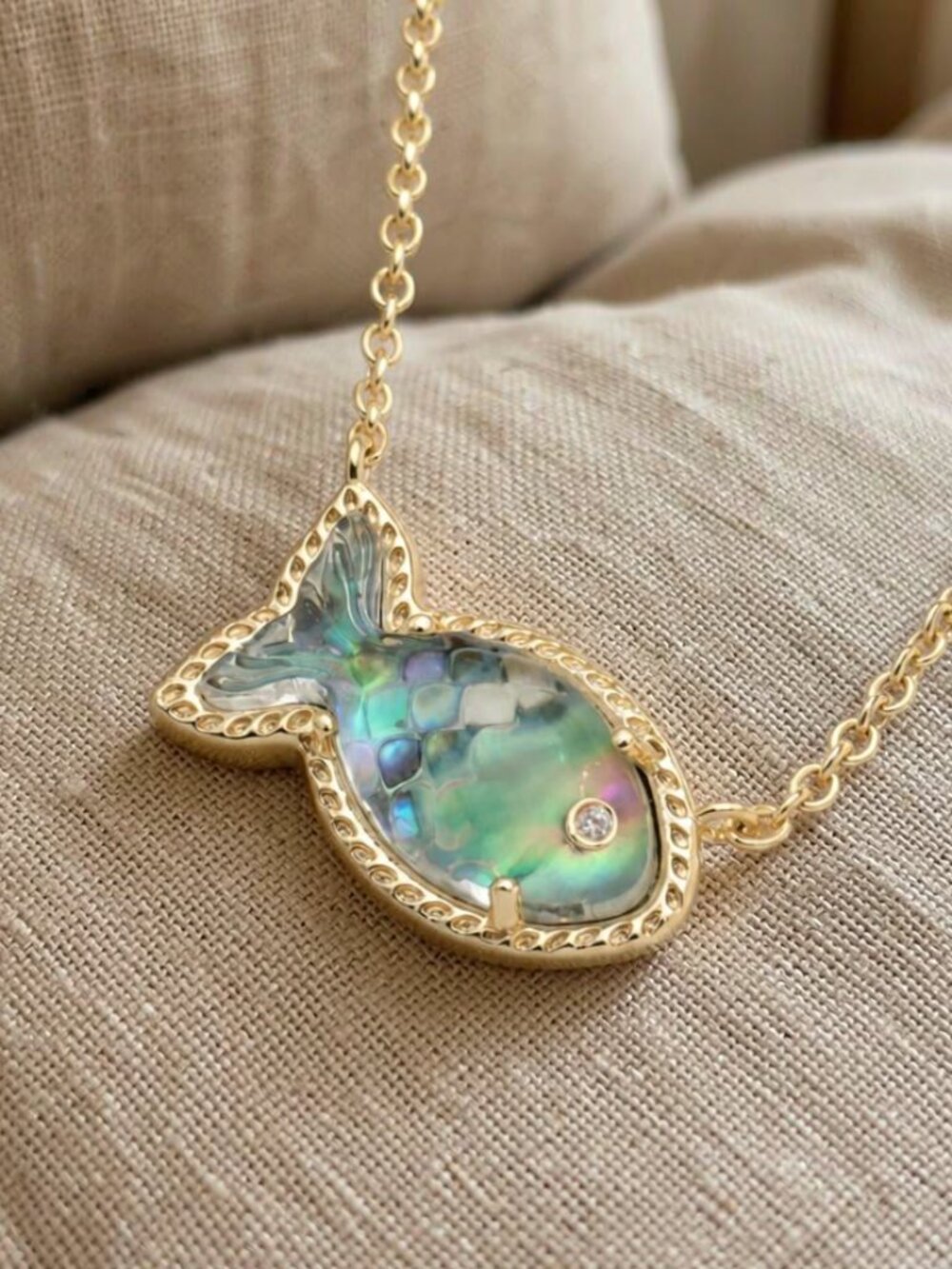 Kendra Scott Parker Necklace Gold Fish Pendant Iridescent Statement Jewelry
